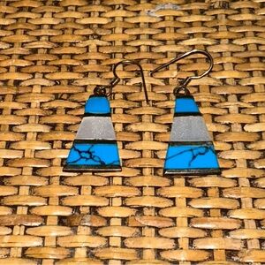 Vintage Navajo Sterling Silver Turquoise Inlay Drop Earrings Aztec Western Boho